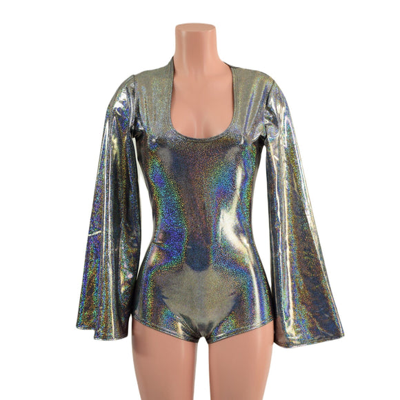 Silver Holographic Romper with Bell Sleeves - Coquetry Clothing