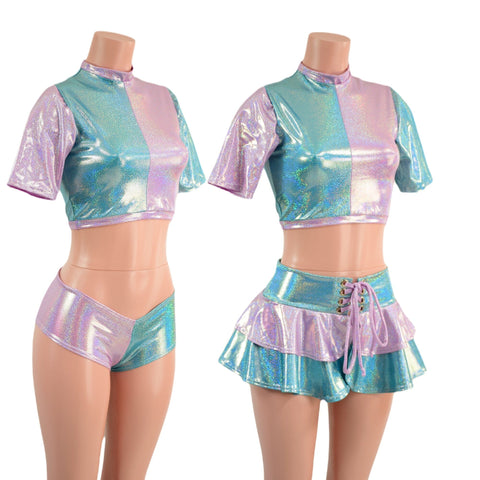 3PC Color Split Crop, Double Ruffle Mini Skirt, and Cheeky Booty Shorts Set - Coquetry Clothing