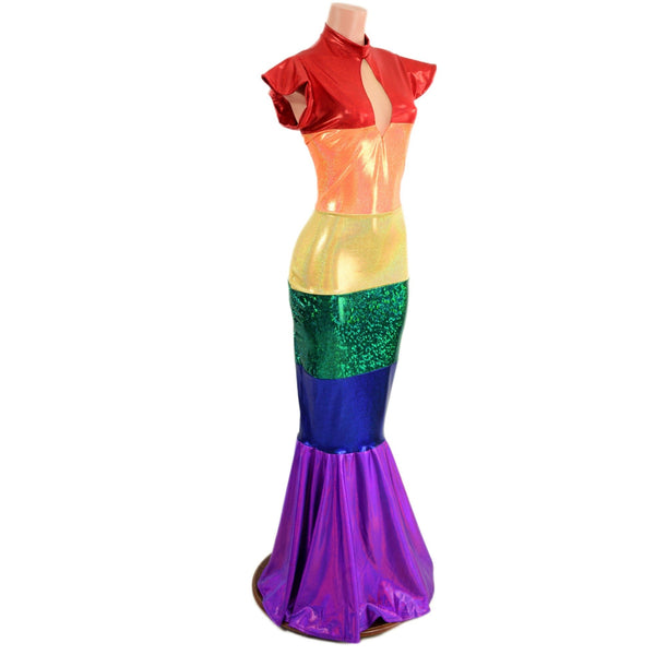 Color Blocked Rainbow Gown with Keyhole and Fishtail Hemline - 3
