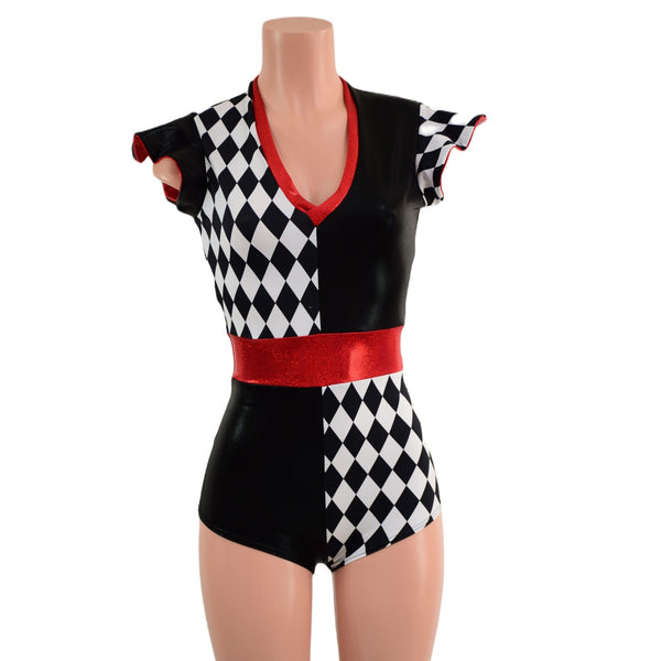 Quad Color Blocked Romper with Red Sparkly Jewel Trim and Flip Sleeves - 3