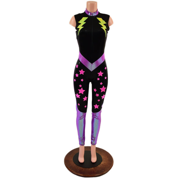 Bolts and Stars Zipper Front Color Blocked Catsuit