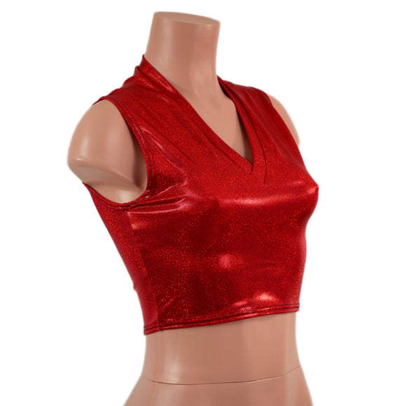 Red Sparkly Jewel V Neck Sleeveless Crop Top