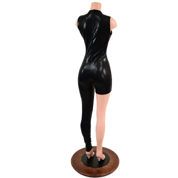 Asymmetrical Black Mystique Catsuit Set with Grape Holo Victoria Sleeve Bolero