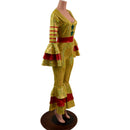 Gold Klown Jumpsuit with Green Stars and Red Stripes, Triple Tier Ruffled Bells-3
