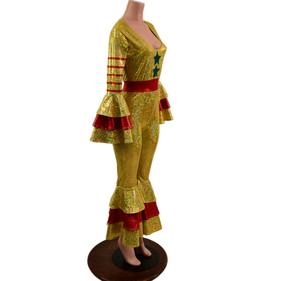 Gold Klown Jumpsuit with Green Stars and Red Stripes, Triple Tier Ruffled Bells
