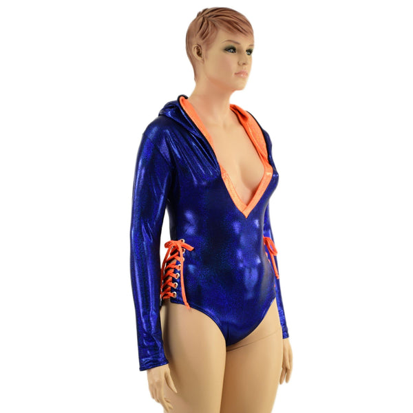 Blue and Orange Hooded Romper with Lace Up Hips - 4