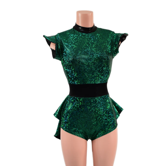 Green Kaleidoscope Mini Tux Back Romper with Black Mystique Trim