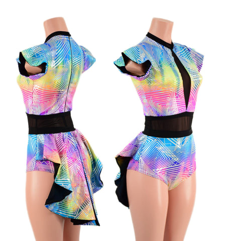 Spectrum Holo Romper with Inset Mesh Keyhole Neckline and Mini Tux Back Tails - Coquetry Clothing
