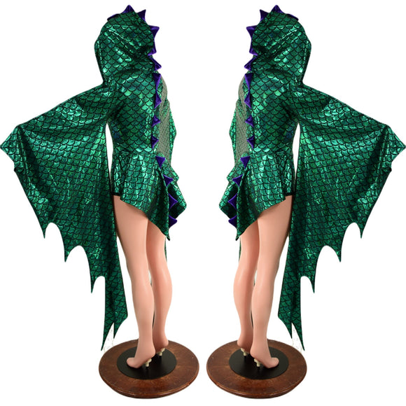 Succubus Sleeve Dragon Hooded Romper with Dragon Tail Ruffle Rump - Coquetry Clothing