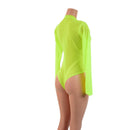 Sheer Neon Yellow Mesh Long Sleeve Brazilian Romper with Plunging V Neckline-4
