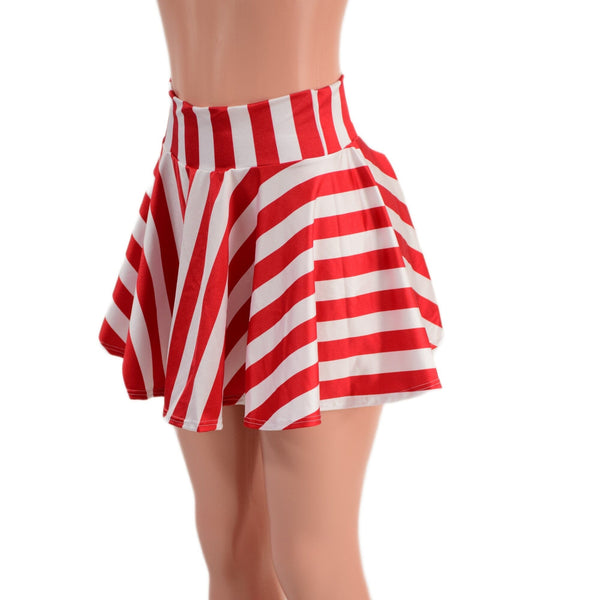 Red and White Stripe Circle Cut Mini Skirt - 2