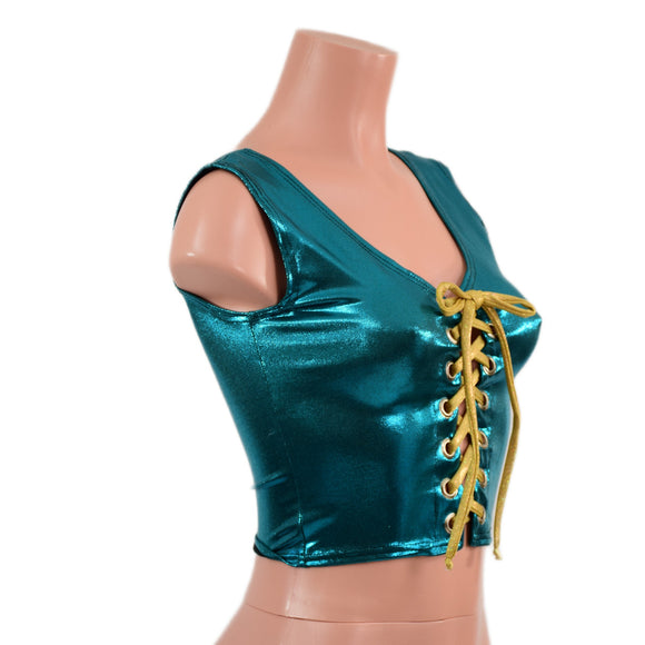 Teal Metallic Laceup Crop Tank