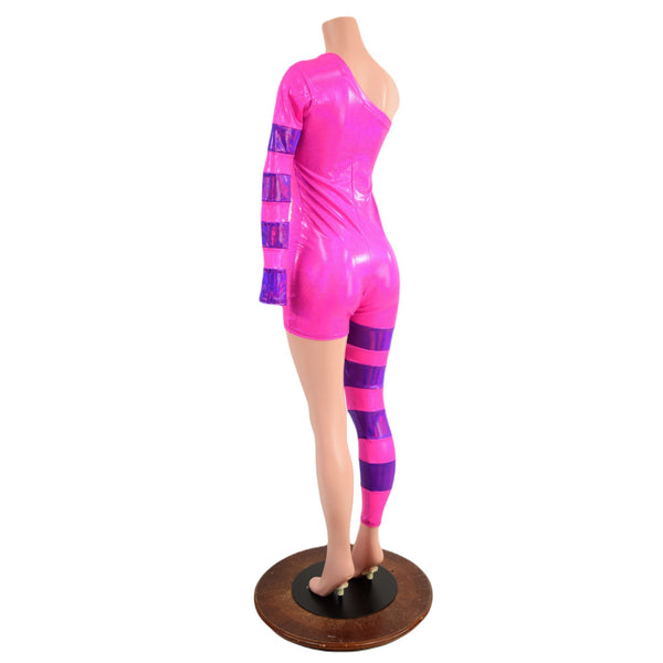 Pink Asymmetrical Catsuit with Grape Holographic Stripes - 4