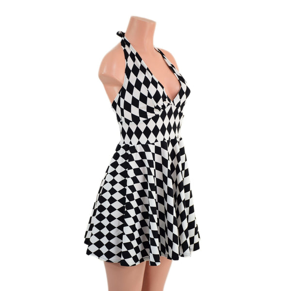 Black & White Diamond Print Halter Skater Dress - 3