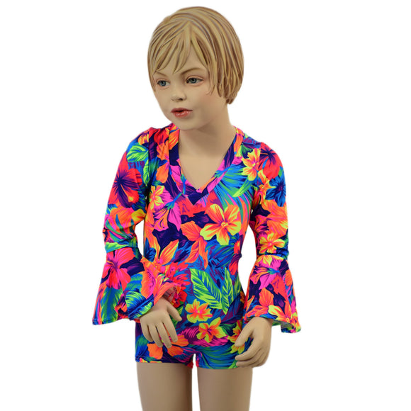 Kids Neon Tahitian Floral Trumpet Sleeve Romper