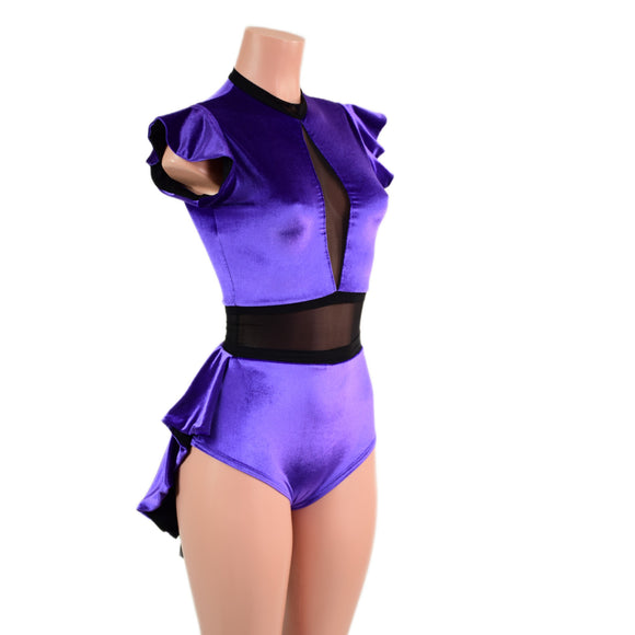 Purple Velvet Romper with Inset Mesh Keyhole Neckline and Mini Tux Back Tails