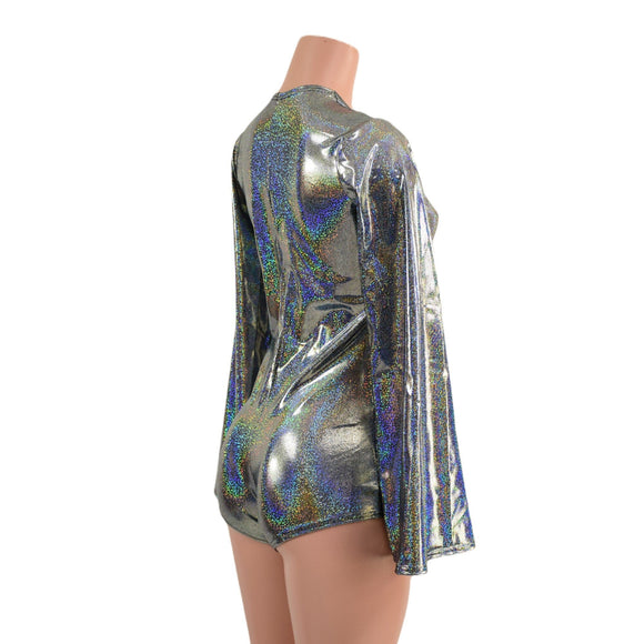 Silver Holographic Romper with Bell Sleeves - Coquetry Clothing
