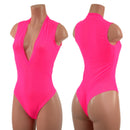 Sheer Neon Pink Mesh Plunging V Neck Romper with Brazilian Cut Leg-1