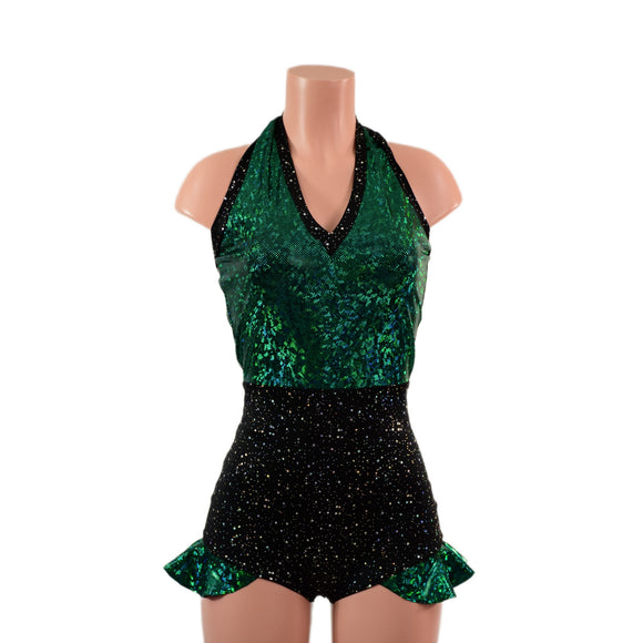 Backless Romper with Hip Ruffles in Green Kaleidoscope and Star Noir
