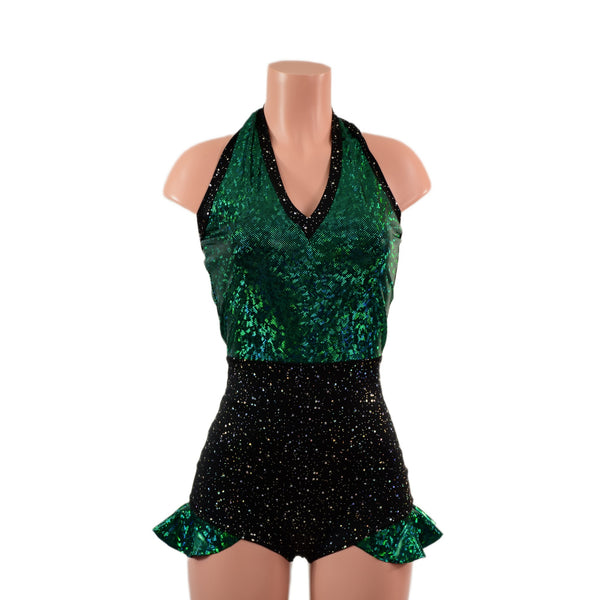Backless Romper with Hip Ruffles in Green Kaleidoscope and Star Noir - 2