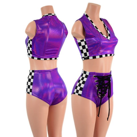 Grid Girl Grape and Checkered Crop and Laceup Shorts Set Coquetry Clothing 
