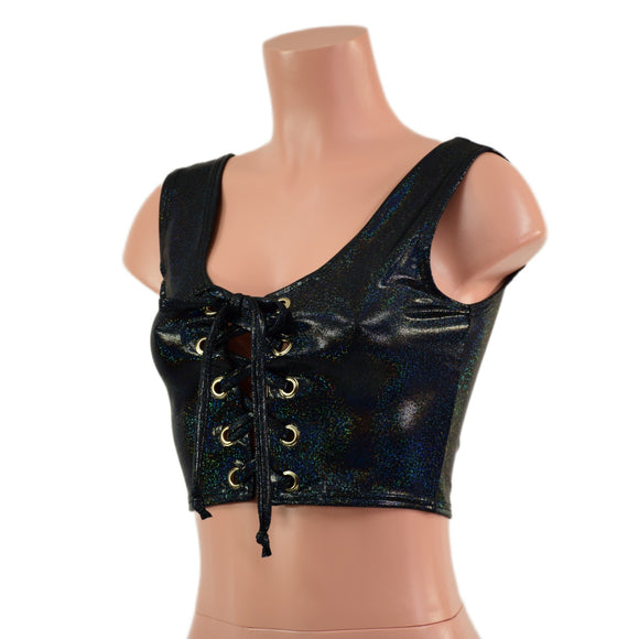 Mini Lace Up Front Crop Tank in Black Holographic