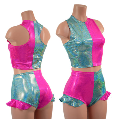 Seafoam and Neon Pink Racerback Crop Top and High Waist Siren Shorts Set