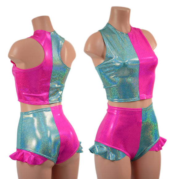 Seafoam and Neon Pink Racerback Crop Top and High Waist Siren Shorts Set