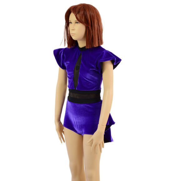 Childrens Purple Velvet Romper with Inset Mesh Keyhole Neckline and Mini Tux Tails