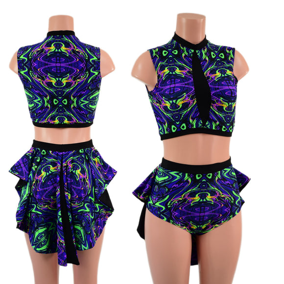 2PC Inset Mesh Keyhole Top and Siren Shorts with Mini Tux Back