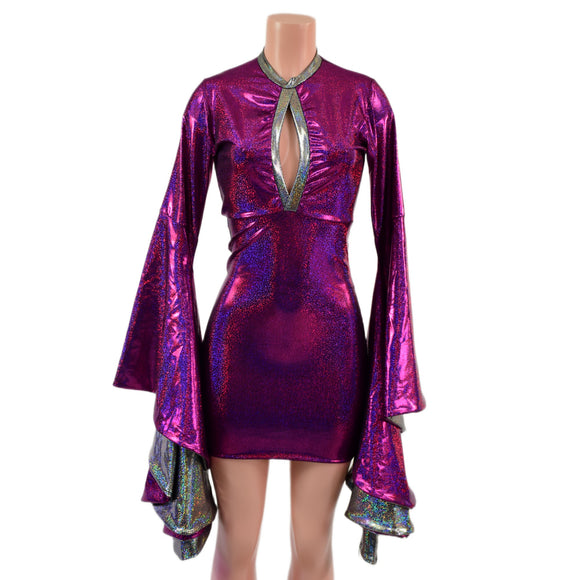 Fuchsia Sparkly Jewel Bodycon Dress with Keyhole and Mini Sorceress Sleeves