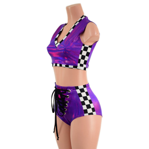 Grid Girl Grape and Checkered Crop and Laceup Shorts Set - 3