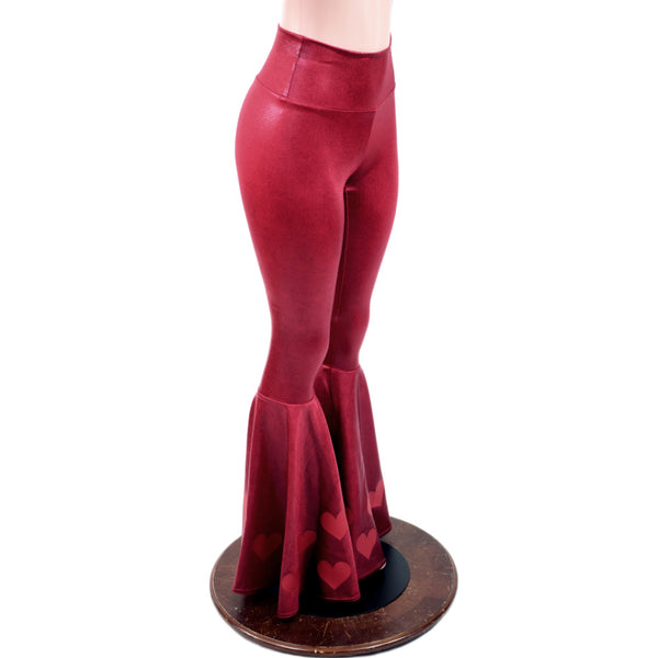 Coagulant Red Metallic High Waist Bell Bottoms with Valentine Heart Flares - 3
