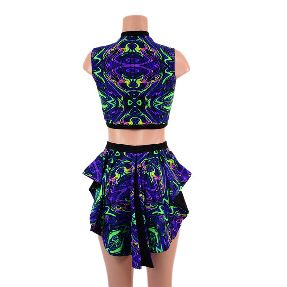 2PC Inset Mesh Keyhole Top and Siren Shorts with Mini Tux Back