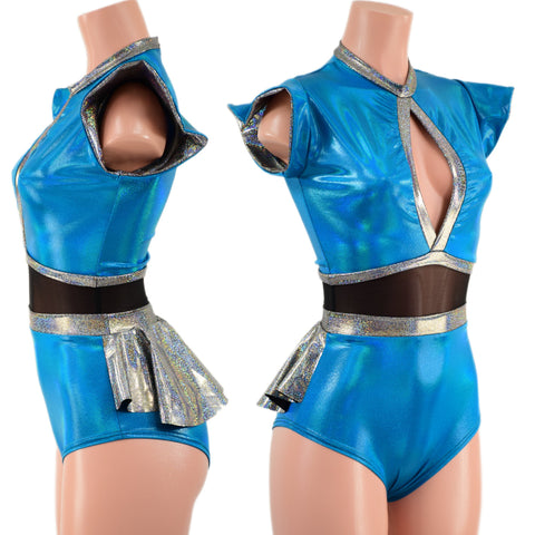 Peacock and Silver Keyhole Romper with Mesh Waistband and Ruffle Rump