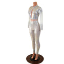White Kaleidoscope Catsuit with White Mesh Waistband, Keyhole, and Sleeve Details - 4