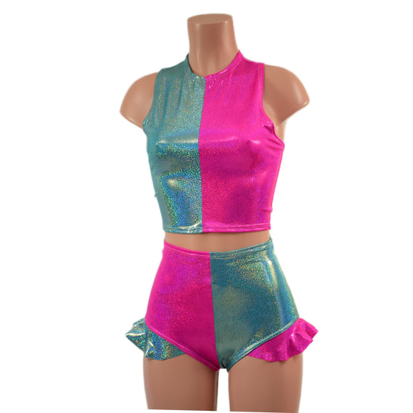 Seafoam and Neon Pink Racerback Crop Top and High Waist Siren Shorts Set