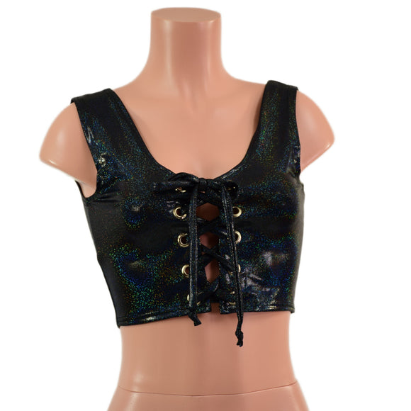 Mini Lace Up Front Crop Tank in Black Holographic