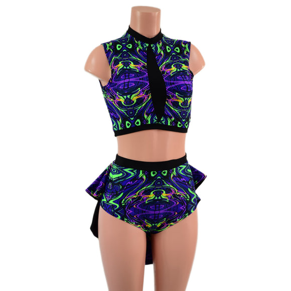 2PC Inset Mesh Keyhole Top and Siren Shorts with Mini Tux Back