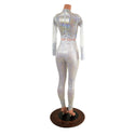 White Kaleidoscope Catsuit with White Mesh Waistband, Keyhole, and Sleeve Details - 3