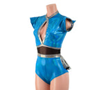Peacock and Silver Keyhole Romper with Mesh Waistband and Ruffle Rump-6