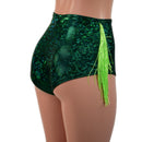 Green Kaleidoscope High Waist Siren Shorts with Neon Lime Chainette Hip Fringe-4