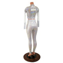 White Kaleidoscope Catsuit with White Mesh Waistband, Keyhole, and Sleeve Details - 2
