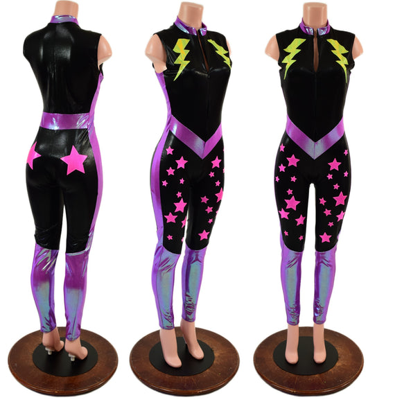 Bolts and Stars Zipper Front Color Blocked Catsuit