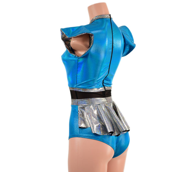 Peacock and Silver Keyhole Romper with Mesh Waistband and Ruffle Rump
