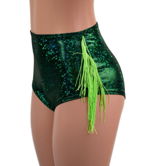 Green Kaleidoscope High Waist Siren Shorts with Neon Lime Chainette Hip Fringe