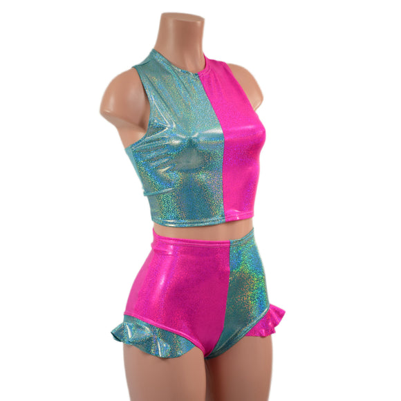 Seafoam and Neon Pink Racerback Crop Top and High Waist Siren Shorts Set