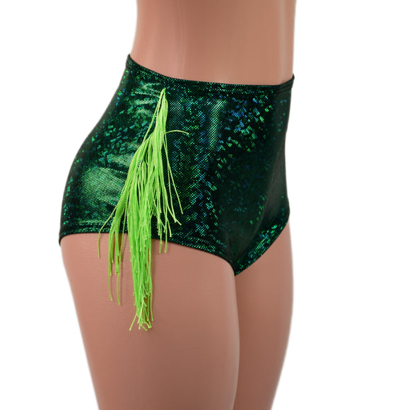 Green Kaleidoscope High Waist Siren Shorts with Neon Lime Chainette Hip Fringe