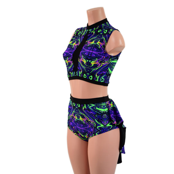 2PC Inset Mesh Keyhole Top and Siren Shorts with Mini Tux Back