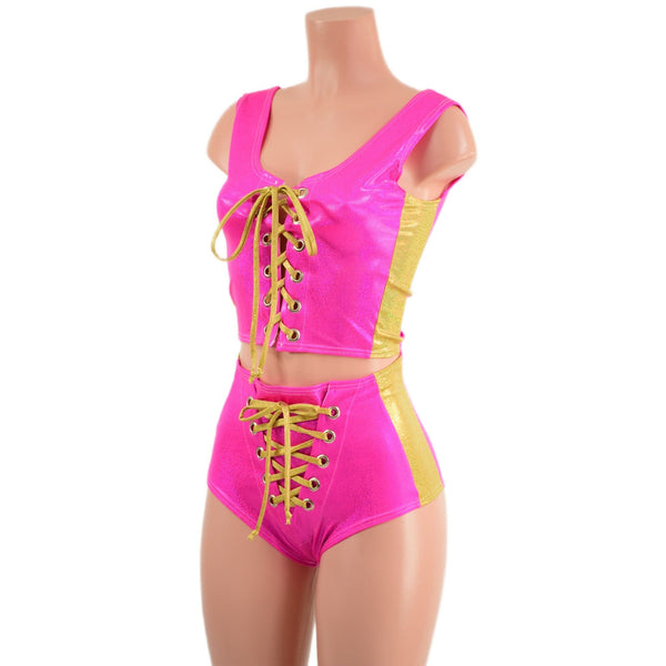 2PC Lace Up Side Panel Top & Siren Shorts Set - 2